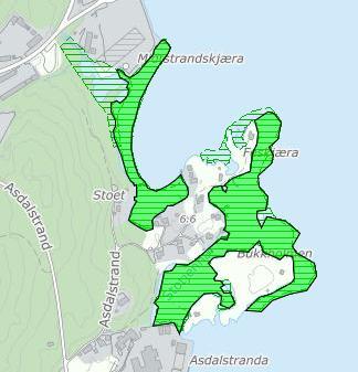Lokalt viktig (C) BN0068902 Asdalstranda, 53 daa, BN00080914 Bløtbunnsområder i strandsonen.