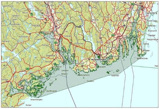 Frierfjorden Store deler av Telemark sin kystlinje er definert som nasjonal laksefjord, jf. grønn skravur i figuren under.