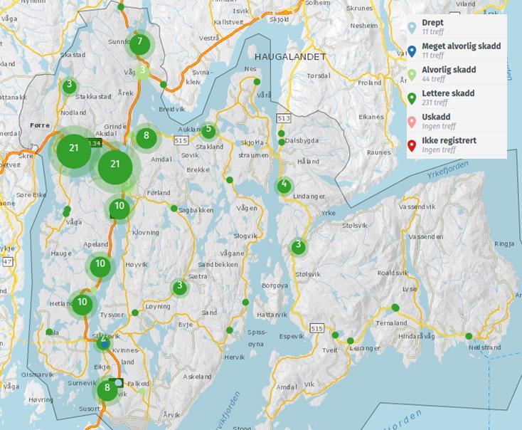 Under er eit kartutsnitt (figur 7) som viser ei grafisk framstilling av kor det har skjedd trafikkulykker mellom 2006-2016. Figur 8 visar skadeomfang per type veg i Tysvær mellom 2007-2016.