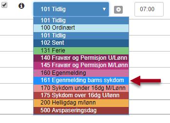 Egenmelding ved barns eller barnepassers sykdom Registrering Når barn eller barnepasser er syk skal det registreres egenmelding barns sykdom. Gå til timelisten til den ansatte.