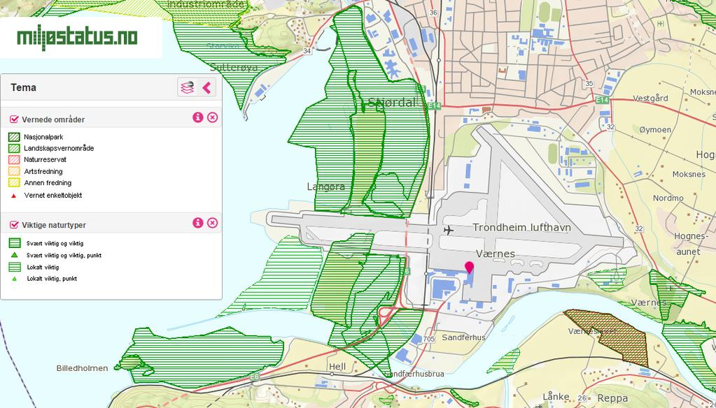 5.2 Naturverdier Det er registrert tre verneområder i nærheten av flyplassen (Figur5-3), derav to naturreservater i Stjørdalselva (Reppesleiret og Måsøra-Hofstadøra) og ett dyrefredningsområde i