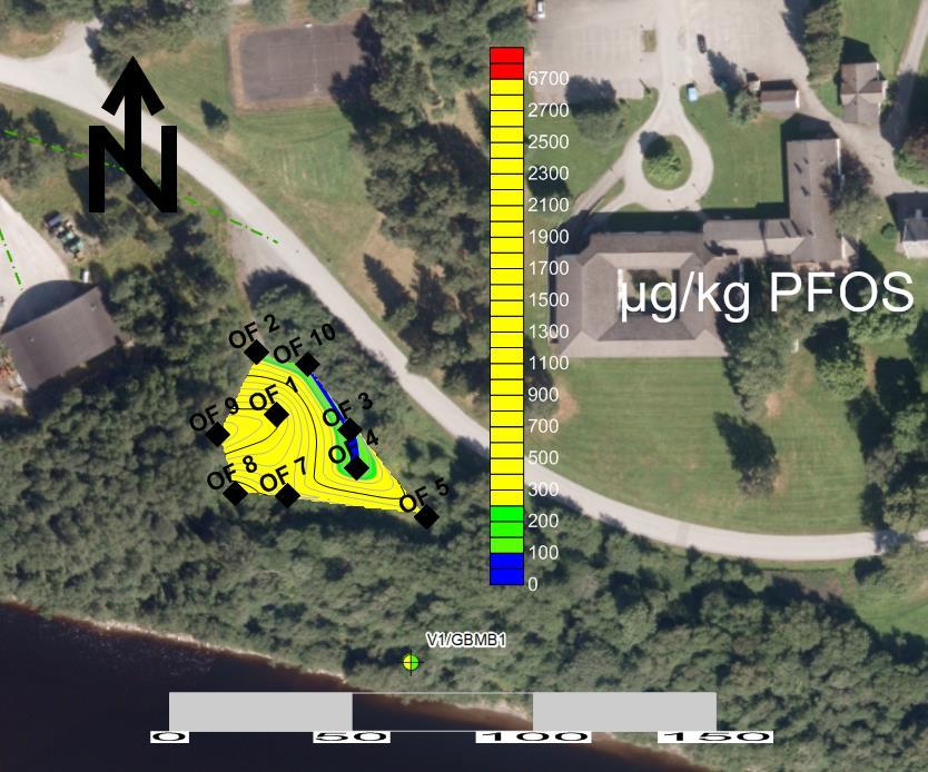 Figur 7-4. Viser interpolert PFOS-konsentrasjon i jord på og rundt BØF A for dybde 0-1 meter under terreng.