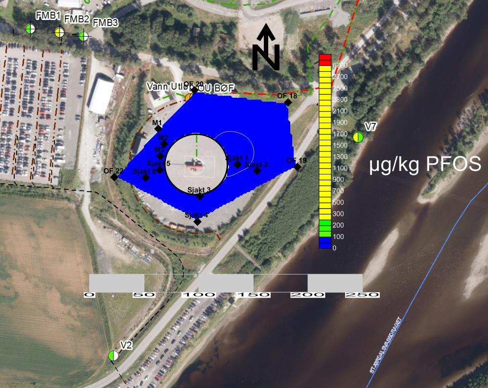 Figur 7-11 viser interpolering av PFOS for hele jordprofilet (begge lag slått sammen). Interpoleringen er basert på gjennomsnittskonsentrasjoner i hvert prøvepunkt nedover i jordprofilet. Figur 7-11.