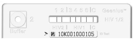 Geenius HIV 1/2 Confirmatory Assay-kassetten inneholder et kontrollbånd (C) og seks (6) testlinjene som er nummererte på kassetten i samsvar med følgende: Bånd 1: gp36 (HIV-2, konvolutt peptid) HIV-2