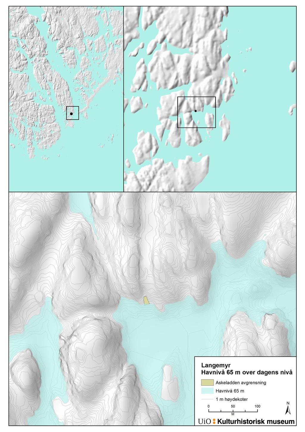 Figur 4: Ved en strandlinje på 65 meter over dagens ville lokaliteten ligge i en bukt med godt utsyn.