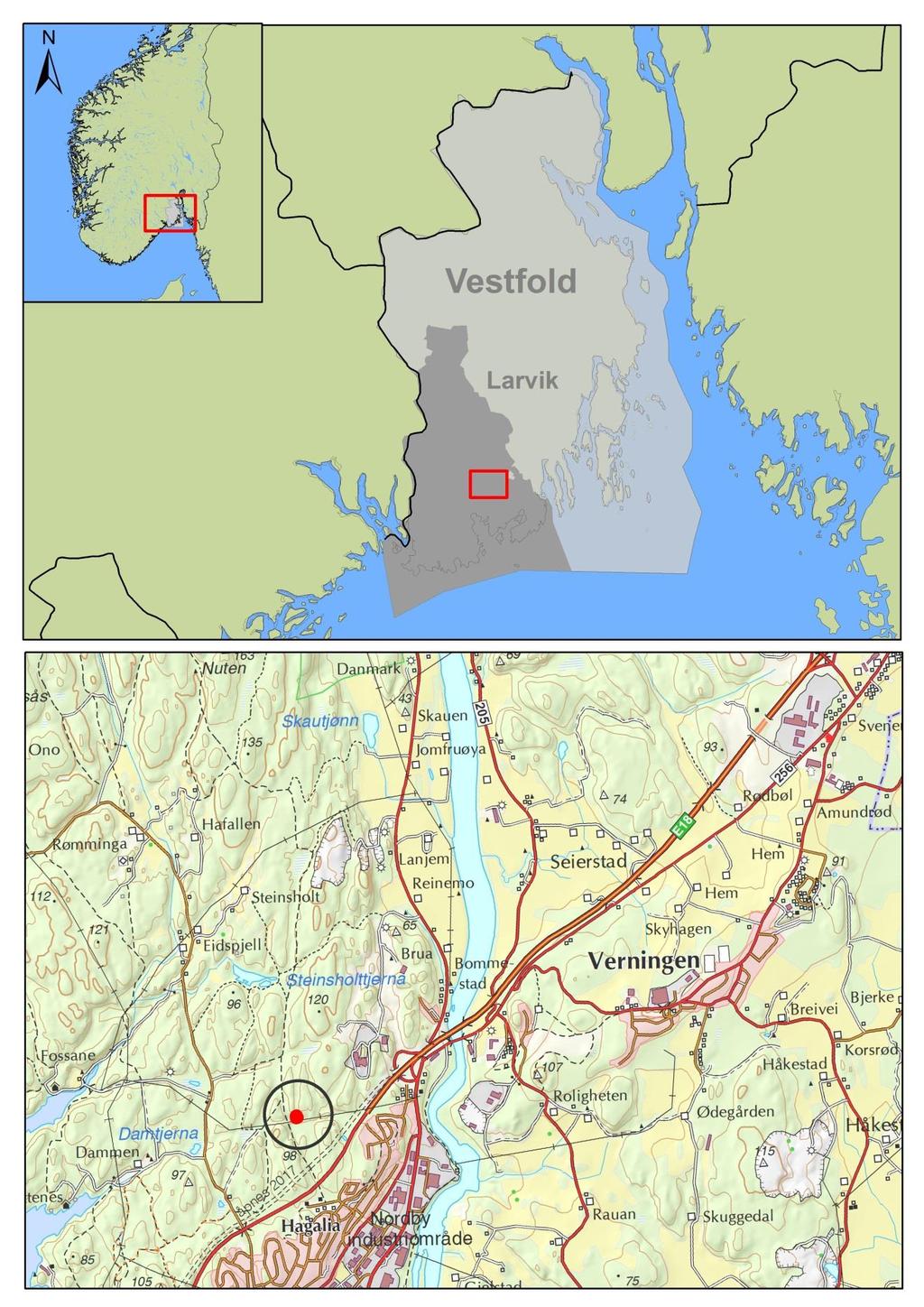 Figur 1 Lokaliteten lå på nordsiden av E18 i Larvik kommune innenfor et stort