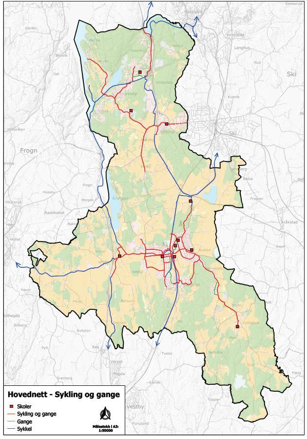 Vedlegg 2: Kart over infrastrukturtiltak i Ås kommune Figur. 6.1. Hovednett for sykkel og gange, Ås kommune.