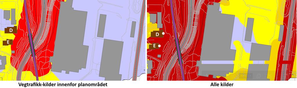 Utsnitt til venstre viser hvilke bygninger (A-E) som berøres av rød sone og som derfor vurderes for tiltak.