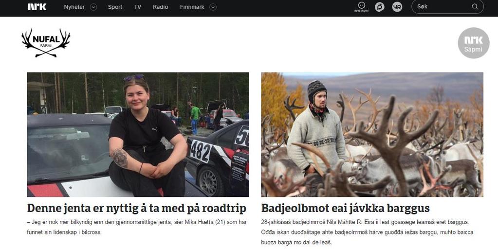 Figur 6.1 NRK Sápmi har en egen nettside for ungdom med navnet «NuFal» Skjermbilde fra nrk.