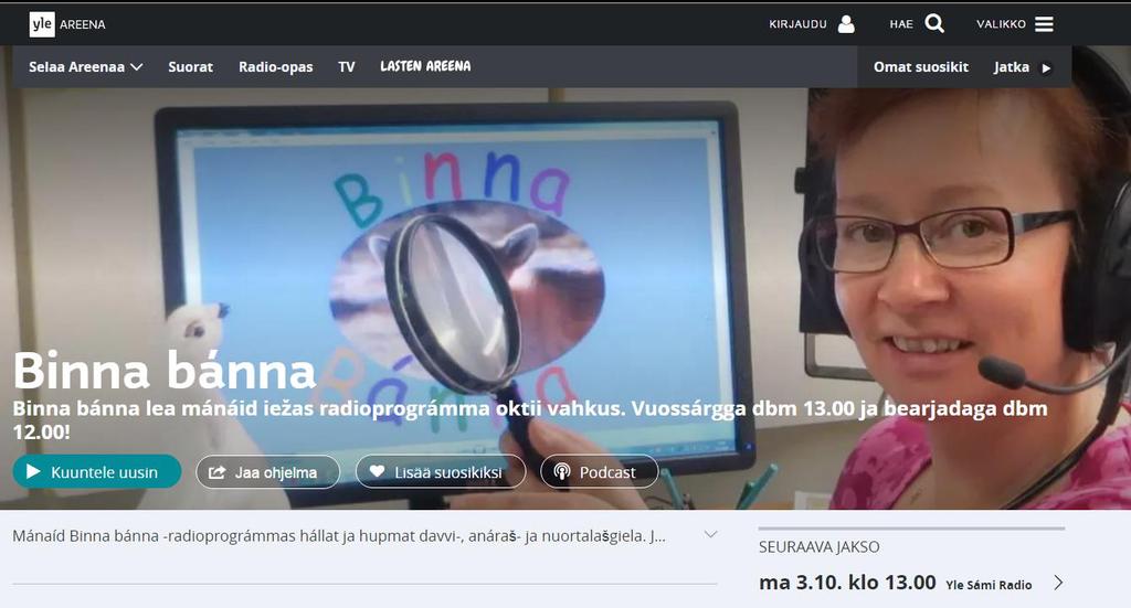 Figur 6.2 Programserien Binna Bánna er det mest omfattende medietilbudet til samiske barn på radio. Programmet sendes bare i Finland.