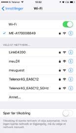 Gå inn på telefonens WiFi-innstillinger og opprett tilkobling: Nettverket du skal koble til tilsvarer SSID som er printet på baksiden av WiFi-adapteret. NB! Det skilles mellom små og store bokstaver!