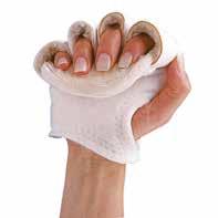 Håndflatebeskytter med fingerdeler Myk ortose som beskytter håndflaten ved fingerkontrakturer. Materialet mellom fingrene gir en lett abduksjon. Kan åpnes helt for enkel påtaging.