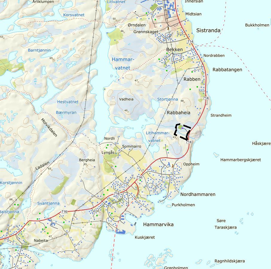 4. Beskrivelse av planområdet (dagens situasjon) og nytt planforslag 4.1 Beliggenhet Gravplassen ligger inntil fylkesveg 714, mellom Hamarvika og Sistranda.