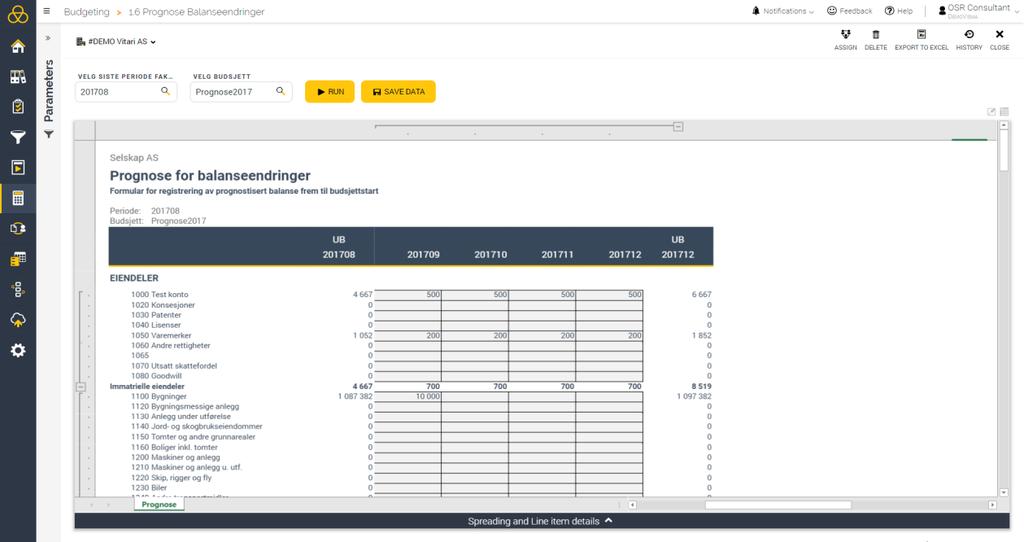 Beskrivelse av Prognose balanseendringer Formularets layout Budsjettet for Prognose Balanseendringer er illustrert under, og viser prognose for balanseføringer i en 12 måneders periode basert på