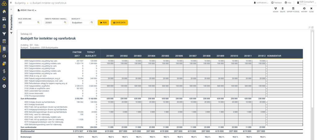 Beskrivelse av Budsjett for inntekter og vareforbruk Formularets layout Formularet er illustrert under, og viser inntekter og vareforbruk i en 12 måneders periode basert på input fra brukeren.