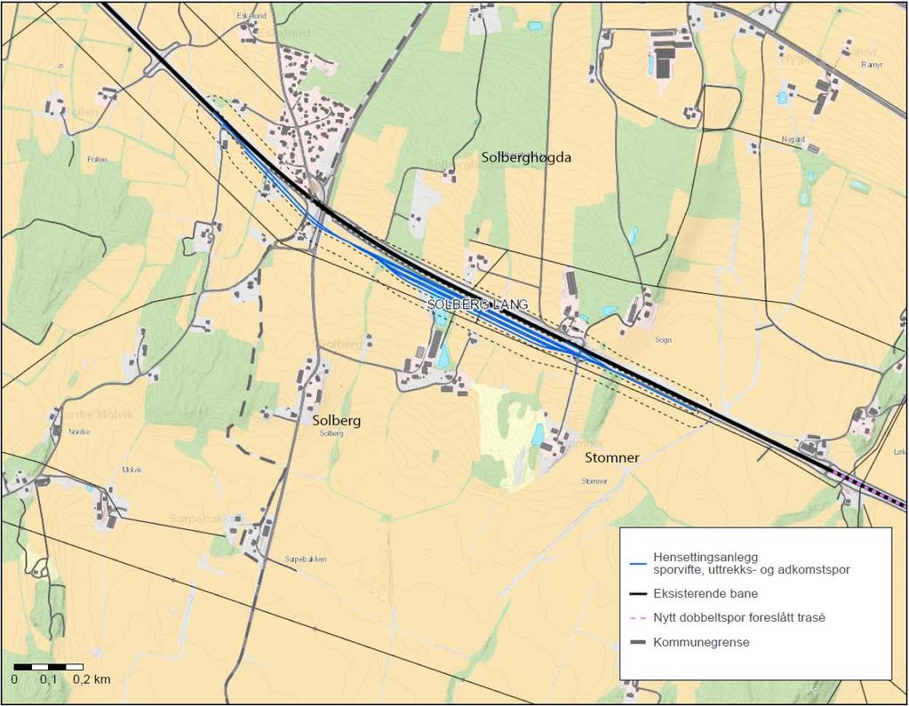 36 av 64 Figur 3-12 Plassering av sporsjablong for Solberg lang løsning. Ventespor er ikke vist på skissen. 3.8.