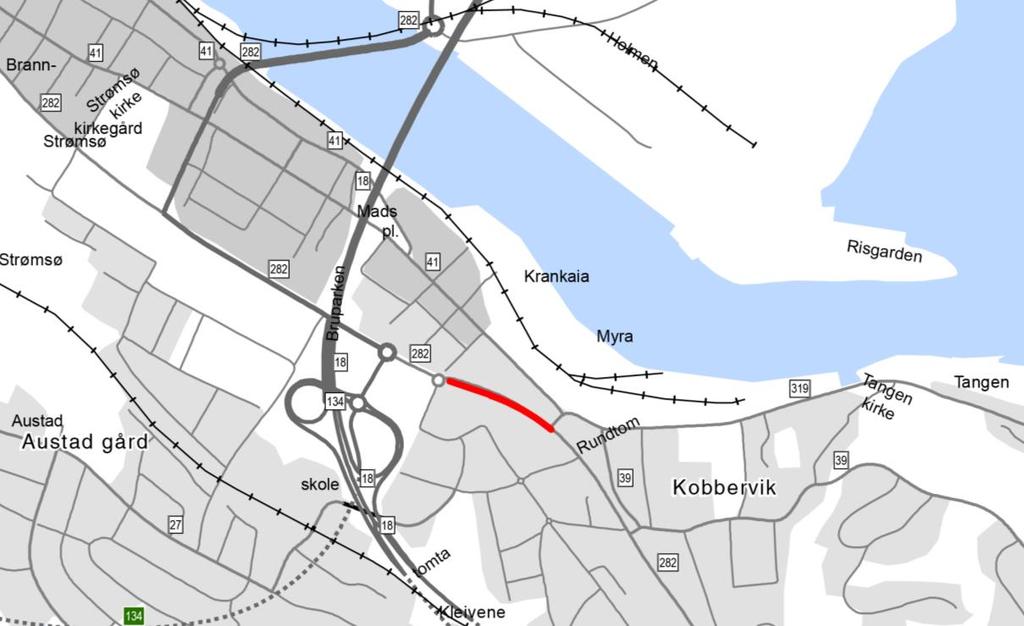 Figur 2-12 Bjørnstjerne Bjørnsons gt mellom Anchersbakken og Rundtom er vist med rødt i kartet. Illustrasjon: Statens vegvesen. Fv.