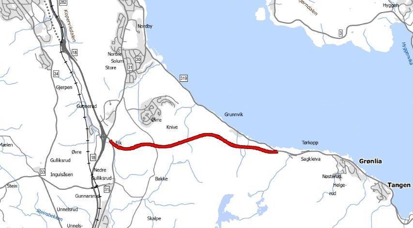 Figur 2-14 Vedtatt trasé for ny fv. 319 mellom Tørkop og Eik. Illustrasjon: Statens vegvesen. 2.7 Ikke-prioriterte tiltak i porteføljen I dette kapitlet beskrives tiltak som inngår i porteføljen, men som ikke er prioritert.
