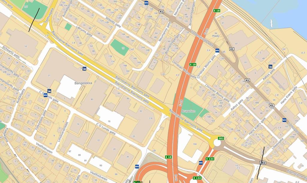 På strekningen Telthusgata Bangeløkka Anchersbakken er det i dag firefelts veg, men det er behov for oppgradering og utvidelse av gang- og sykkelsystemet på nordsiden, ombygging av Telthusgatekrysset