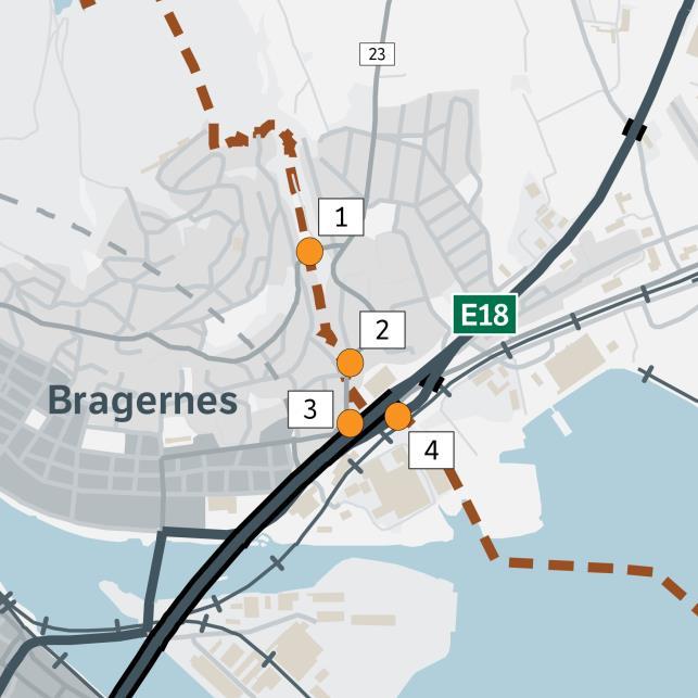 Nr Veg 1 Fv. 38 Løkkebergveien 2 Nøsteveien 3 E18 Brakerøya avrampe fra Oslo 4 Fv.