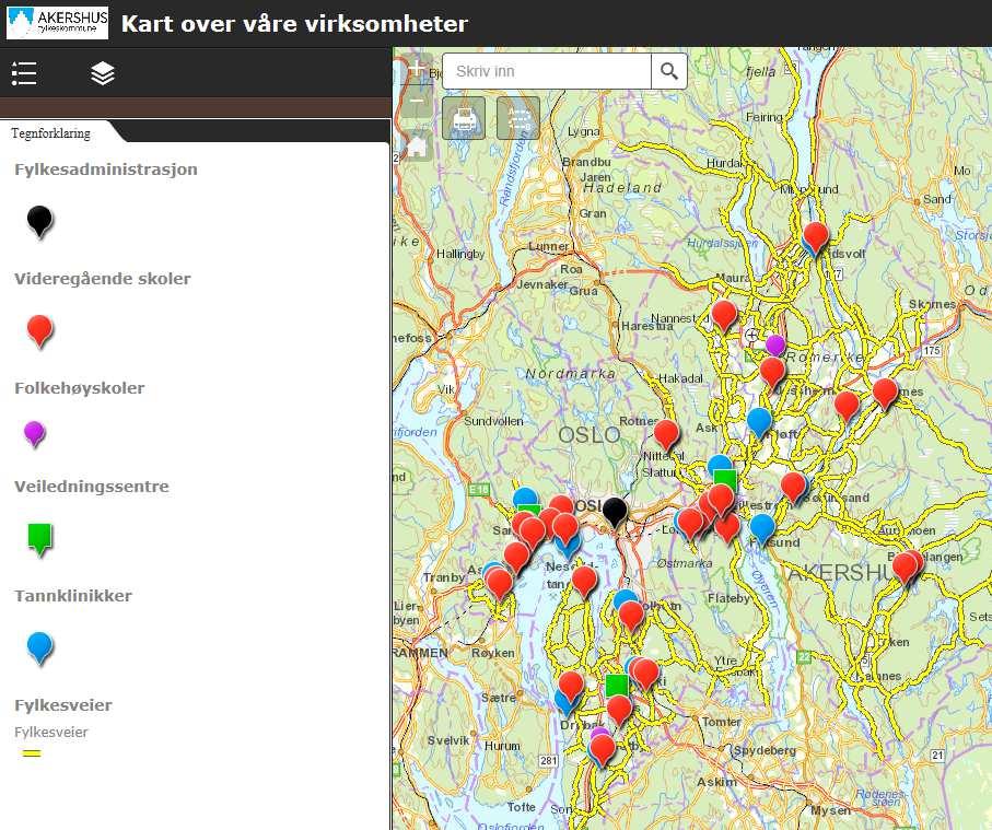 213 Årsrapport 2017 for Akershus fylkeskommune 11 Kart over virksomheter og fylkesveier Kart over våre virksomheter og fylkesveier finnes i