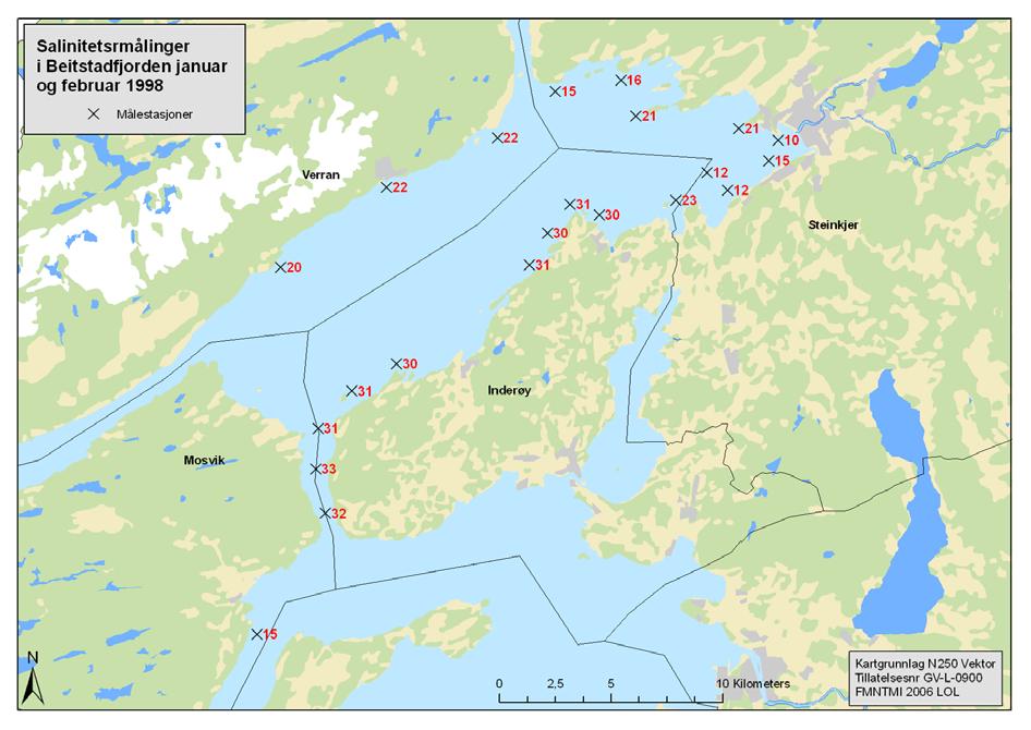 Beitstadfjorden januar og februar 1998 Figur 4. Salinitetsmålinger ( ) tatt i overflata 29/1 og 20/2-1998. Den 29/1 og 20/2-1998 ble salinitet målt i Beitstadfjorden (figur 4/vedlegg 1, tabell 3).