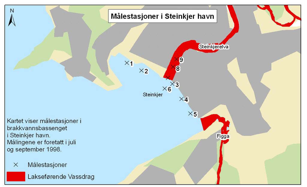 Vedlegg 2 Figur 1. Fordelingen av målestasjonene i Steinkjer havn som ble brukt ved målingene i juli og september 1998. Tabell 2.
