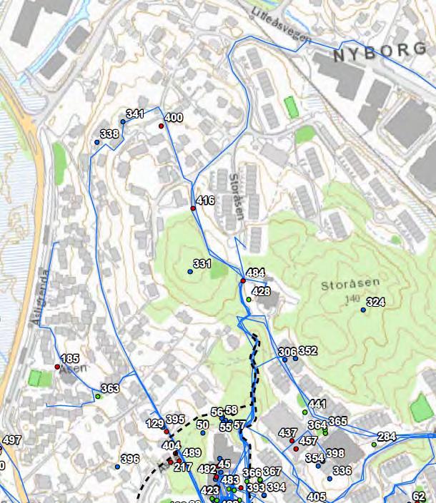 28 DELOMRÅDE NORD Litleåsvegen, Storåsen m.fl. OMRÅDE NORD med plangrense i svart stipling.