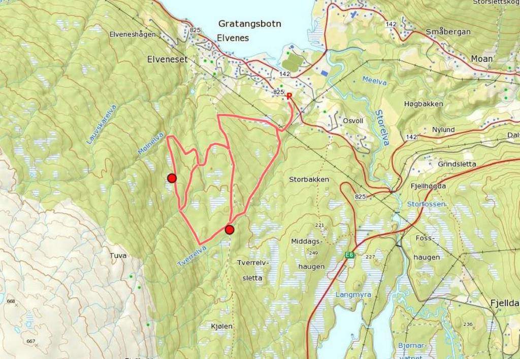 13 Ileveien, 250 moh. Straumsnes-Sandnes-Elvenes Skogstur. Fra Tverrelvsletta: sti langs Kjølen helt til Øse og Gratangseidet.