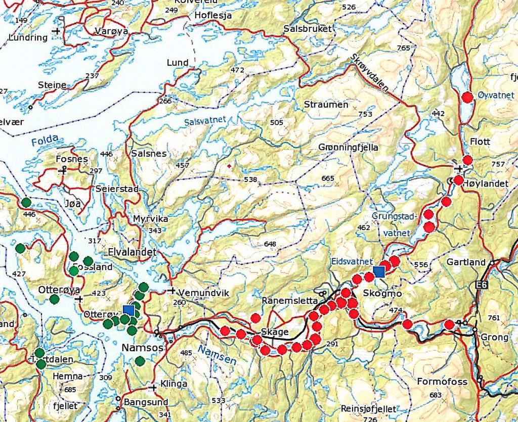 De fleste gjenfangstene (85 %) er gjort i Namsen eller i Namsfjorden. Seks gjenfangster er gjort i andre vassdrag, derav to i Nordland (Vefsna og Beiarnelva).