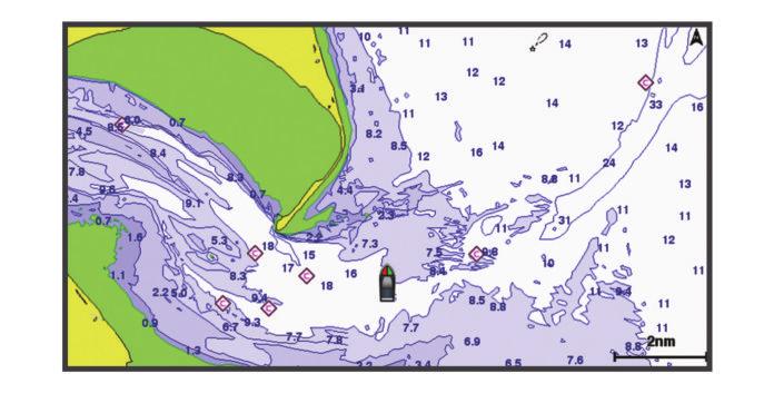 navigasjonshjelpemiddel. Hvis du vil åpne Navigasjonskart, velger du Kart > Navigasjonskart. Fiskekart gir en mer detaljert visning med flere bunndetaljer og større fiskeinnhold.
