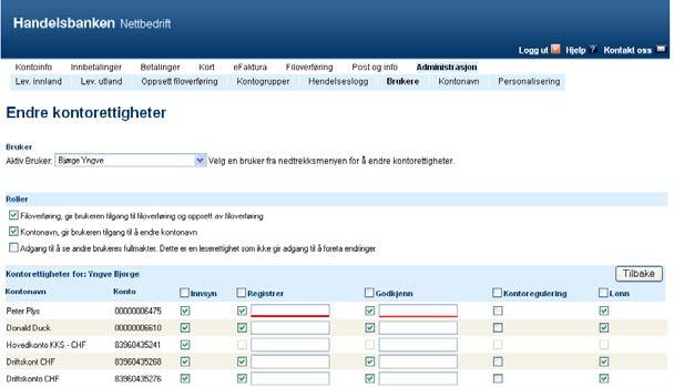 kontoinformasjon og transaksjoner vises. Rettigheten gjelder ikke på skattetrekks- eller valutakontoer. Rettigheter: Maks.