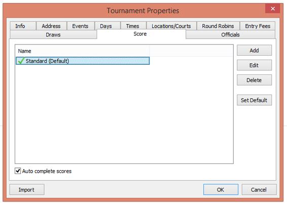 Resultatregistrering 1. Sjekk at innstillingene passer til din turnering. Velg Tournament, Properties og Score. Dobbeltklikk på Standard (Default). Velg formatet som passer din turnering.