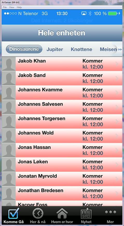 Personalet kan fra førstesiden håndtere Komme Gå Her & nå Hvem er hvor Avdeling Nyhet (via Mer) Status via App (Komme Gå) Her finnes en oversikt over alle barn som tilhører enheten/avdelingen, samt