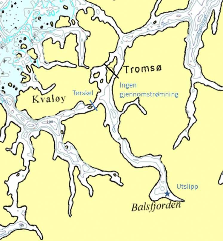 Figur 12. Modellområde. Vannutskiftning er beregnet for området innenfor Rystraumen (markert med blå strek)og Tromsøya (markert med sort strek).