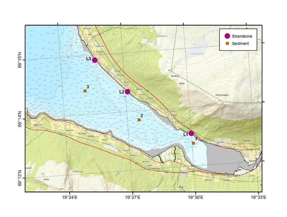 Figur 13. Stasjonsoversikt. Bløtbunnstasjoner (St. 1, 2 og 3) i den marine resipienten for mottak av avløpsvann fra Nordkjosbotn, Balsfjorden 211.