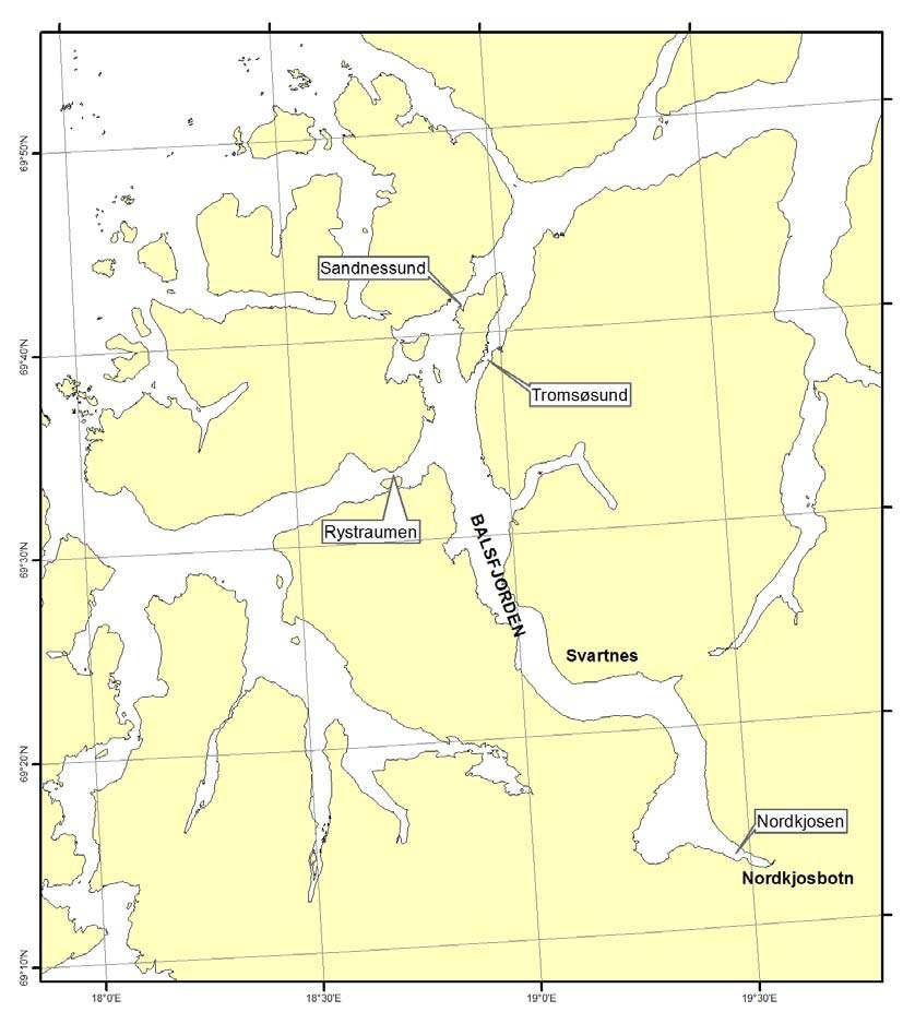 1.2 Områdebeskrivelse Balsfjorden er omlag 46 km lang, den har en maksimumsbredde på 5 km og ligger sør-østlig orientert sør for Tromsø (Figur 1).