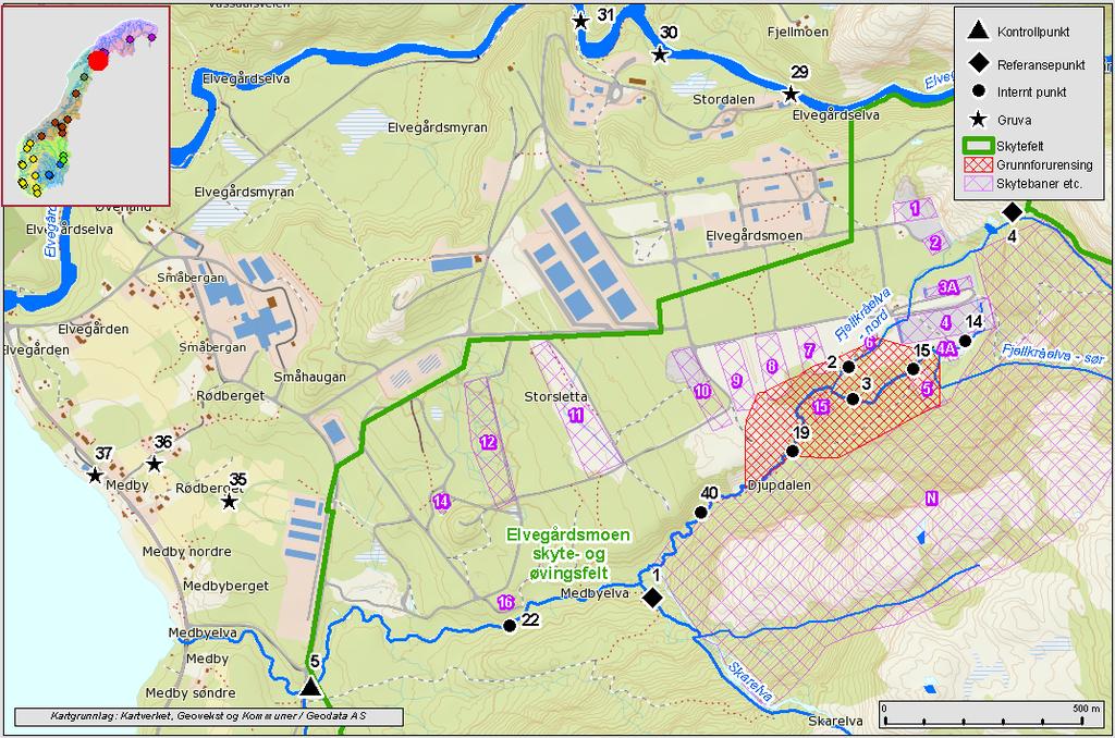 Figur 2: Kart over prøvepunkter ved Elvegårdsmoen i 2016.