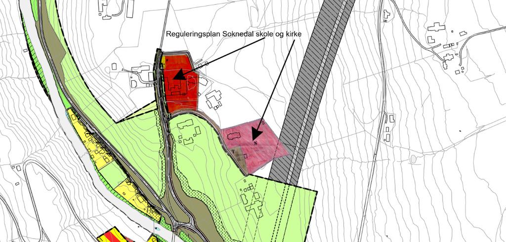 For deler av planområdet gjelder kommunedelplan for Soknedal, vedtatt 30.01.2002. Arealene innen denne del av planområdet er i hovedsak omfattet av gjeldende reguleringsplaner. Figur 3.