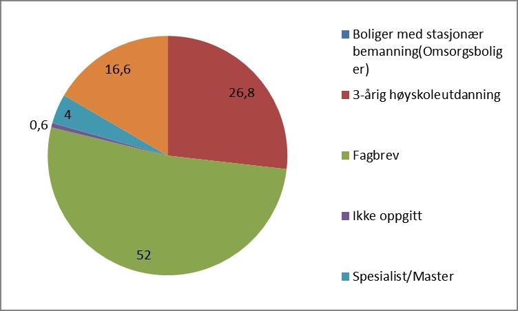 Tabell 8 Oversikt over prosentvis årsverk fordelt på stillingsgrupper Hjemmesykepleien (106,3 årsverk) 0 6,5 5,9 Hjemmesykepleien 46 3-årig høyskoleutdanning Fagbrev