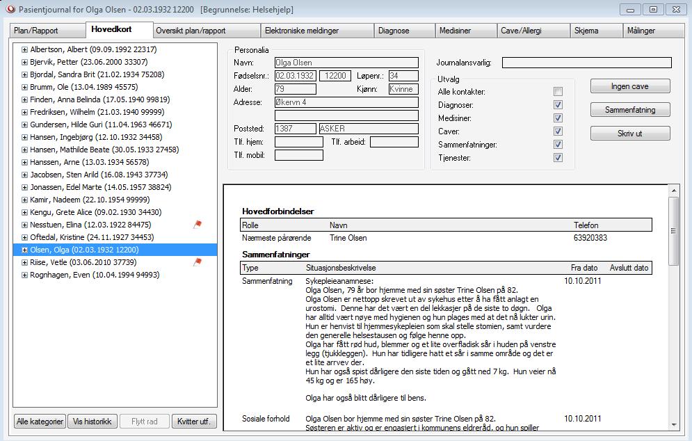 6.0 Hovedkort Hovedkortet til bruker finner du i Pasientjournalen ved å klikke på skillekortet Hovedkort. Hovedkortet gir en oversikt over informasjon knyttet til bruker.