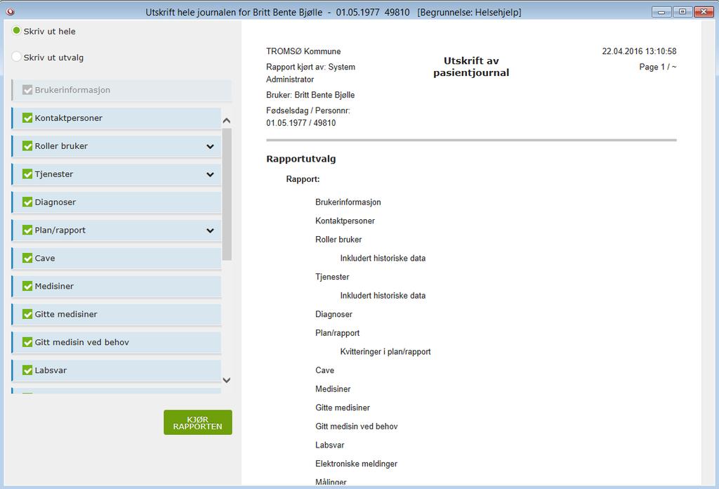 17.0 Utskrift av pasientjournalen Fra versjon 8.0 kan man fra Profil skrive ut hele pasientjournalen fra ett og samme bilde. Herfra kan man også skrive ut deler av pasientjournalen.