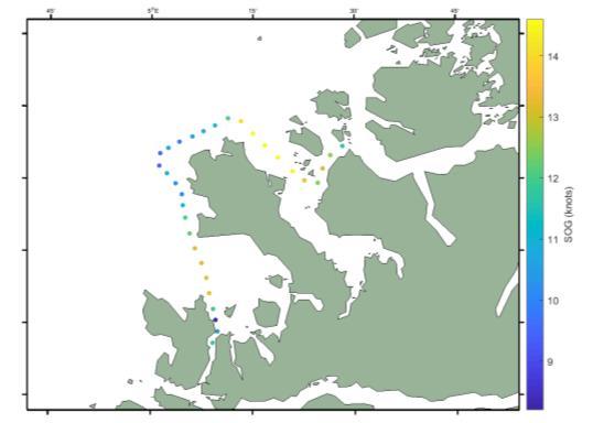 Finnstraum held god fart frå Åramsundet til Vanylvsgapet, men ved runding Stad droppar farten frå ca 14.5 knop til ca 9.