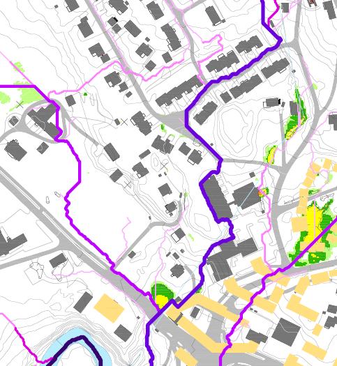 lavpunktet og på oversiden av den planlagte bebyggelsen for å begrense avrenningen inn i det planlagte området som vist med lyseblå sirkler i Figur 5.