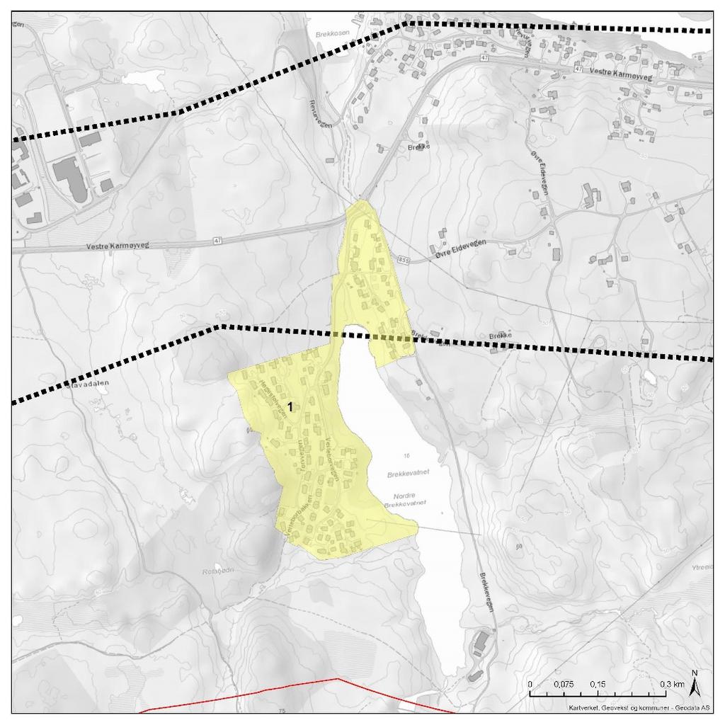 37 4.2.1 Boligområder 1. Brekke Figur 4-2. Brekke boligområde Brekke er et rent boligområde med begrenset fellesfunksjoner. Bebyggelsen er noe tettere i sør der tomannsboliger ligger.