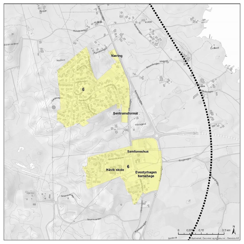 44 6. Håvik Figur 4-12. Håvik boligområde Håvik er et vanlig boligområde med bebyggelse i forskjellig alder og som stort sett består av eneboliger og noen få rekkehus/tettere småhus.