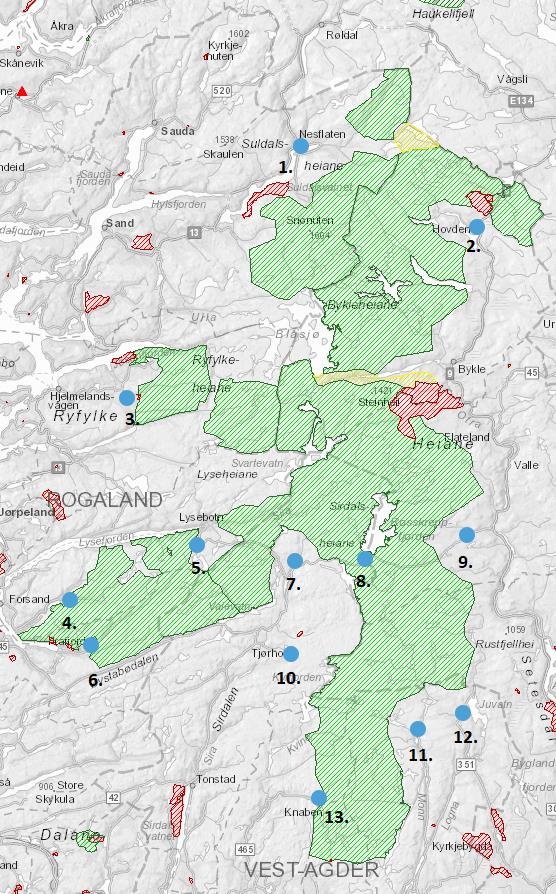 Innfallsportar 1. Nesflaten 2. Hovden 3. Kleivaland 4. Røssdalen 5. Øydegardsstøl (Kjerag) 6. Eikeskog (Månafossen) 7. Ådneram 8. Brokke Suleskardvegen med informasjonspunkt ved Håhellervatn 9.