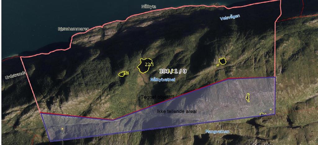 Fjellareal med lite eller ingen skog er tatt med i tellende areal i vest, for å kompendsere skogkledd dal midt i jaktfeltet som ikke er med. Dette er gjort fordi det ble enklere å måle arealene.