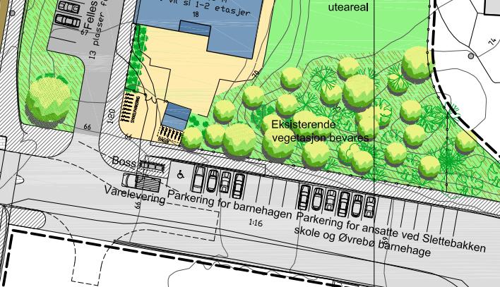 Parkering Deler av eksisterende parkeringsplass nord for Bergenshallen, f_sp1, foreslås regulert til felles parkeringsplass for barnehagen (felt BBH1), gnr/bnr 160/904 (Slettebakken skole og Øvrebø