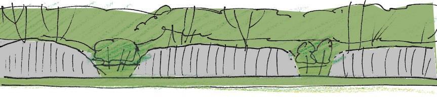 Figur 33. Profil for prinsipputforming av vegetasjonslommer for å redusere bergskjæringens lengde. Figur 34. Prinsipp vegetasjonslomme, planskisse (dvs. sett ovenfra). 7.